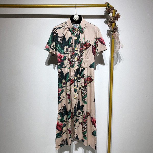 Rochie lunga si lata cu guler clasic si model floral