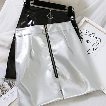 Fusta de dama moderna din piele ecologica cu fermoar in negru si gri