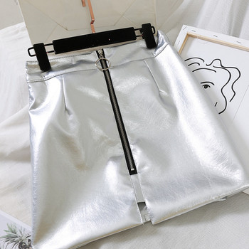 Fusta de dama moderna din piele ecologica cu fermoar in negru si gri