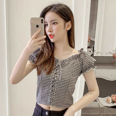 Bluză modernă în carouri în mai multe culori cu decolteu în V