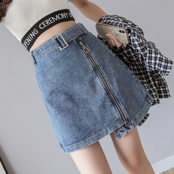 Fusta de denim de dama moderna in gri si albastru cu fermoar