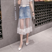 Fusta de dama actuala din denim cu dantela cu talie inalta