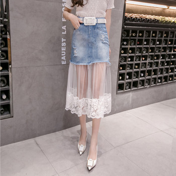 Fusta de dama actuala din denim cu dantela cu talie inalta