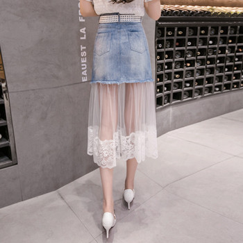 Fusta de dama actuala din denim cu dantela cu talie inalta