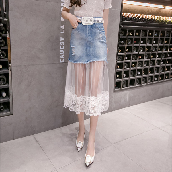 Fusta de dama actuala din denim cu dantela cu talie inalta