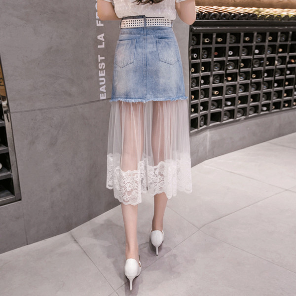 Fusta de dama actuala din denim cu dantela cu talie inalta