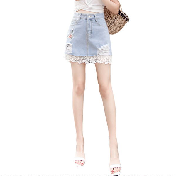 Fusta de dama actuala din denim albastru cu dantela