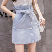 Fusta de dama actuala din denim in doua culori cu talie inalta si nasturi