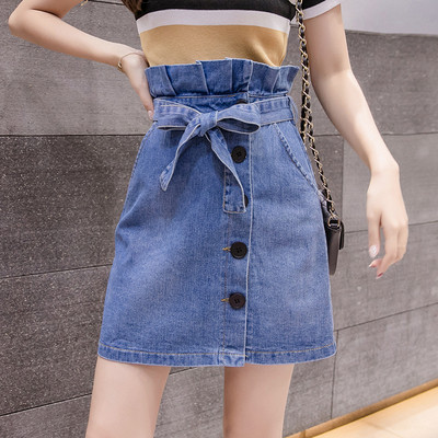 Fusta de dama actuala din denim in doua culori cu talie inalta si nasturi