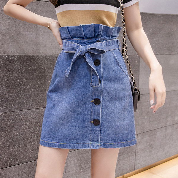 Fusta de dama actuala din denim in doua culori cu talie inalta si nasturi