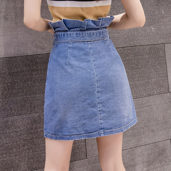 Fusta de dama actuala din denim in doua culori cu talie inalta si nasturi