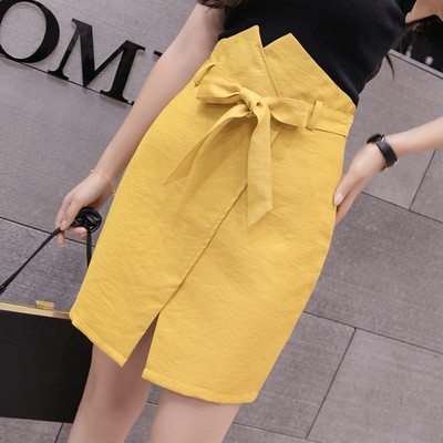 Fusta eleganta de dama in galben si negru cu talie inalta