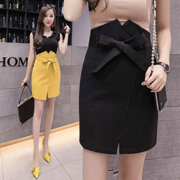 Fusta eleganta de dama in galben si negru cu talie inalta