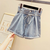 Pantaloni scurți de damă din denim cu legături în albastru