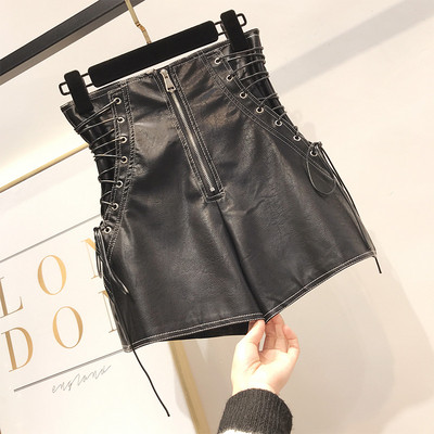 Pantaloni scurți din piele de damă la modă cu legături încrucișate în două culori