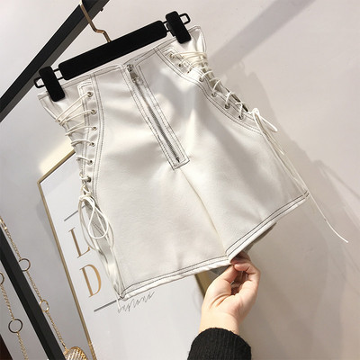 Pantaloni scurți din piele de damă la modă cu legături încrucișate în două culori