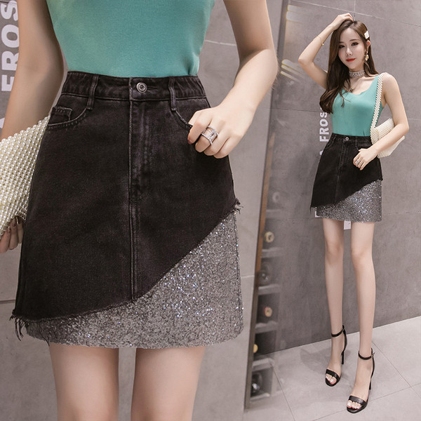 Fusta de dama moderna din denim gri cu paiete