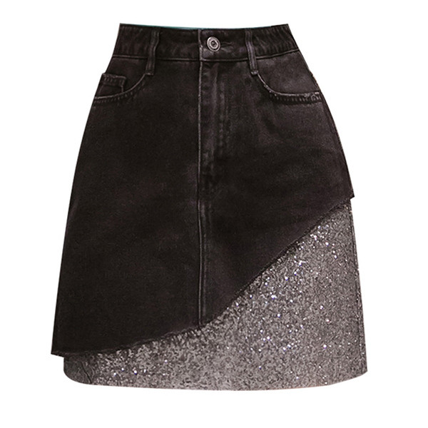 Fusta de dama moderna din denim gri cu paiete