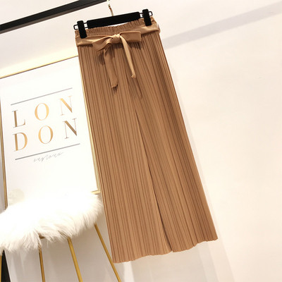 Pantaloni de dama plisati cu panglica si talie inalta