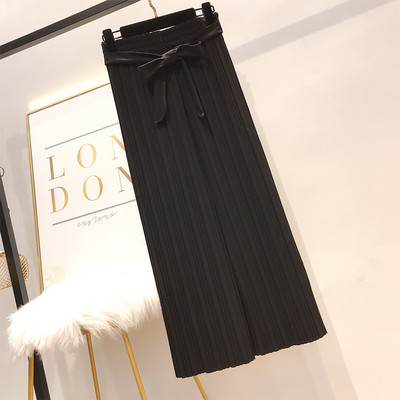 Pantaloni de dama plisati cu panglica si talie inalta