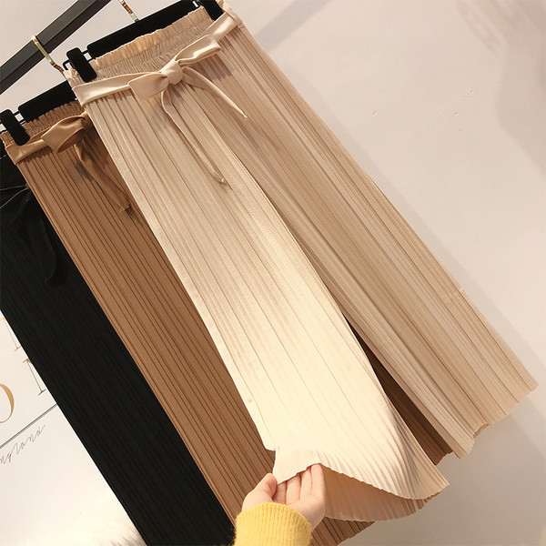 Pantaloni de dama plisati cu panglica si talie inalta