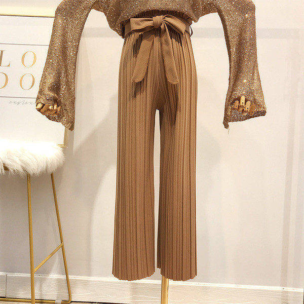 Pantaloni de dama plisati cu panglica si talie inalta