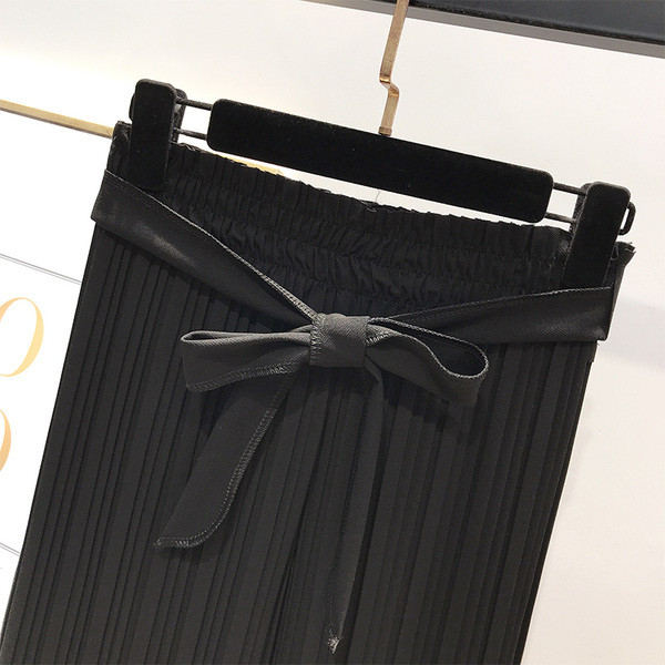 Pantaloni de dama plisati cu panglica si talie inalta