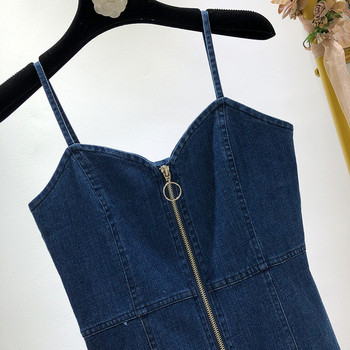 Rochie scurta din denim cu bretele subtiri si fermoar