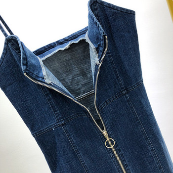 Rochie scurta din denim cu bretele subtiri si fermoar