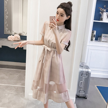 Rochie de damă, lejeră, lungă în carouri, cu mâneci scurte