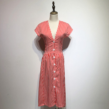 Rochie lungă în dungi, cu mâneci scurte și nasturi