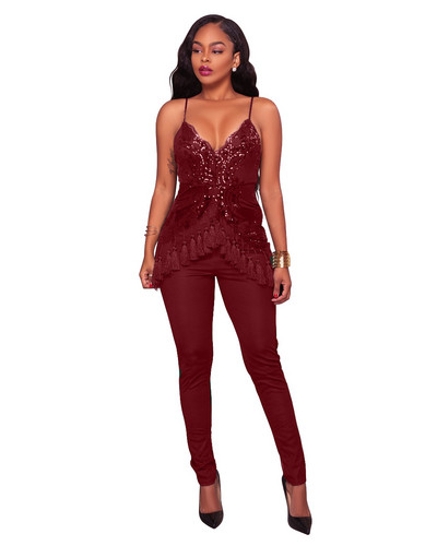 Stílusos női jumpsuit flitterekkel és mély nyakkivágással, több színben