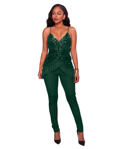 Stílusos női jumpsuit flitterekkel és mély nyakkivágással, több színben