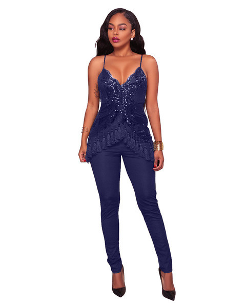 Stílusos női jumpsuit flitterekkel és mély nyakkivágással, több színben