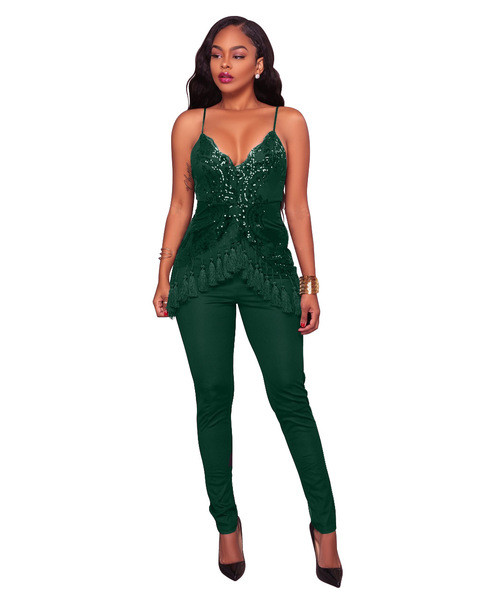 Stílusos női jumpsuit flitterekkel és mély nyakkivágással, több színben