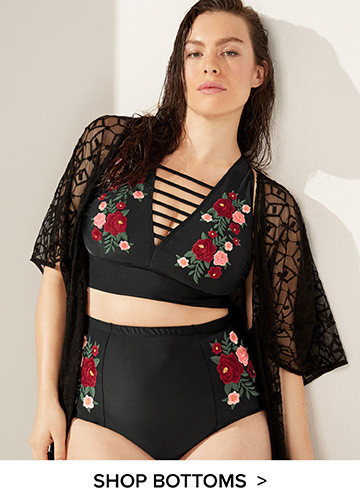 Costum de baie modern din două piese de damă, negru, cu broderie florală și mărimi până la 5XL