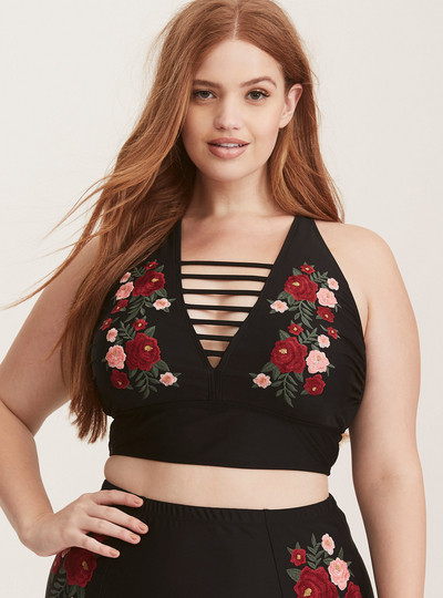 Costum de baie modern din două piese de damă, negru, cu broderie florală și mărimi până la 5XL