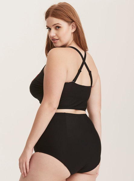 Costum de baie modern din două piese de damă, negru, cu broderie florală și mărimi până la 5XL