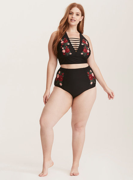 Costum de baie modern din două piese de damă, negru, cu broderie florală și mărimi până la 5XL