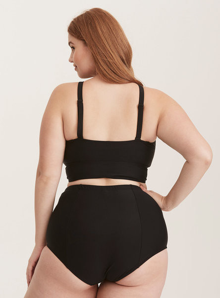 Costum de baie modern din două piese de damă, negru, cu broderie florală și mărimi până la 5XL