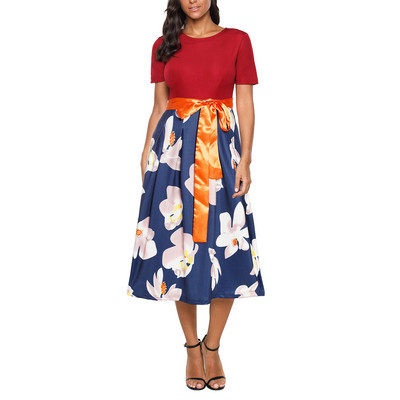 Rochie de dama eleganta cu motiv floral si panglica in mai multe culori