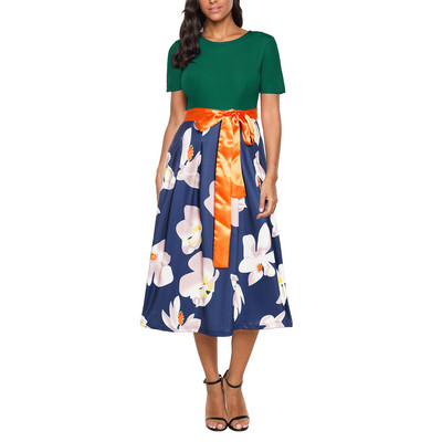 Rochie de dama eleganta cu motiv floral si panglica in mai multe culori