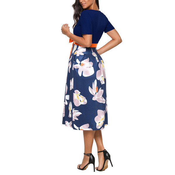 Rochie de dama eleganta cu motiv floral si panglica in mai multe culori