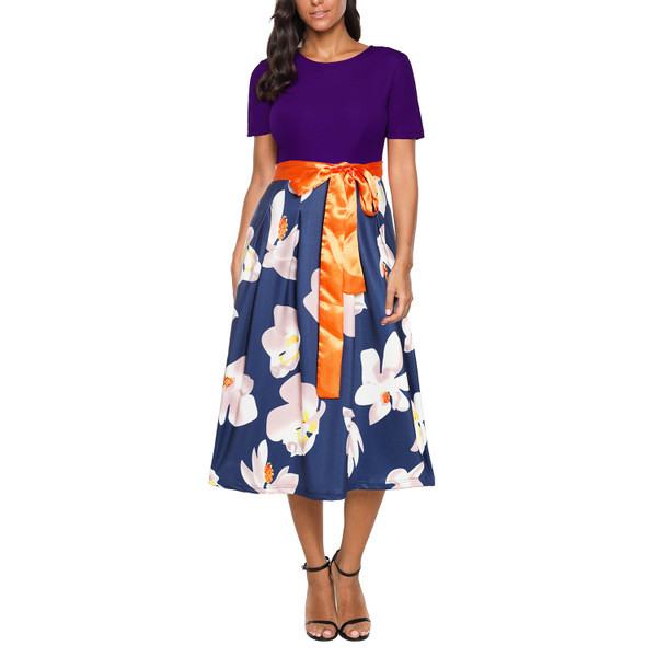 Rochie de dama eleganta cu motiv floral si panglica in mai multe culori