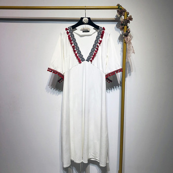 Rochie lunga de dama cu decolteu in V si ciucuri