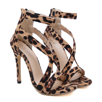 Sandale de dama elegante cu model leopard cu toc subtire de 12 cm