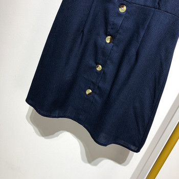 Rochie scurta cu decolteu in V in albastru si nasturi