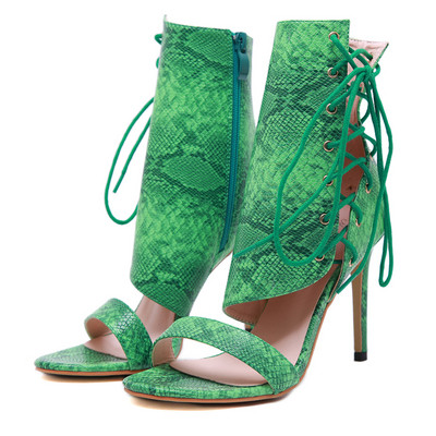 Sandale de damă elegante din piele artificială cu imprimeu șarpe cu toc de 10 cm - verde, alb și negru