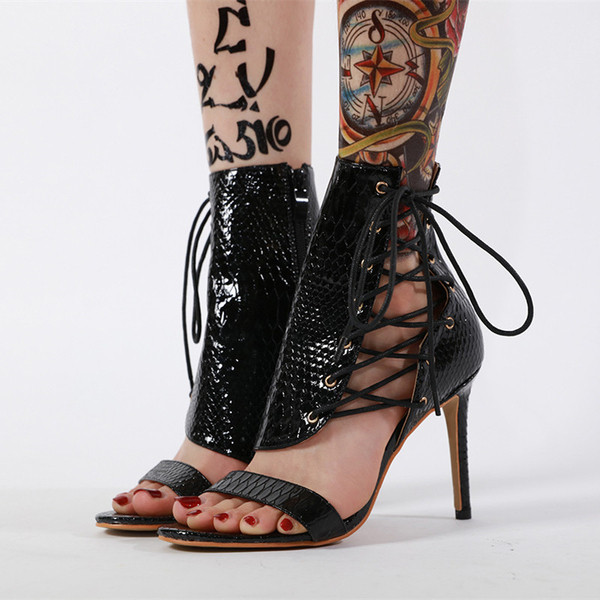 Sandale de damă elegante din piele artificială cu imprimeu șarpe cu toc de 10 cm - verde, alb și negru