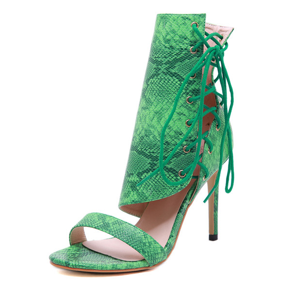 Sandale de damă elegante din piele artificială cu imprimeu șarpe cu toc de 10 cm - verde, alb și negru